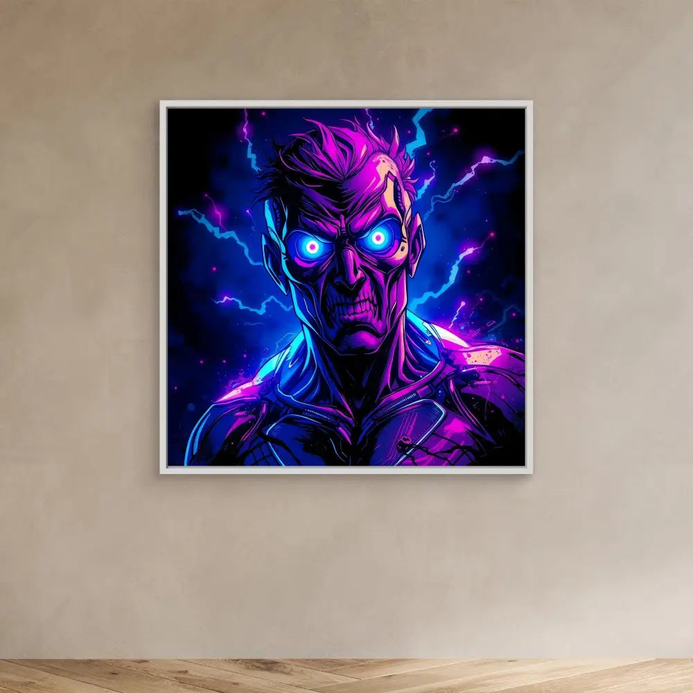 Neon-styled digital art portrait of a menacing figure with glowing blue eyes and purple-blue electrical effects.