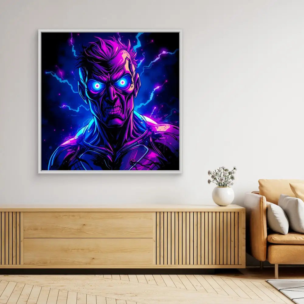 Neon-styled digital artwork of a demonic figure with glowing blue eyes and purple-pink energy coursing around it.