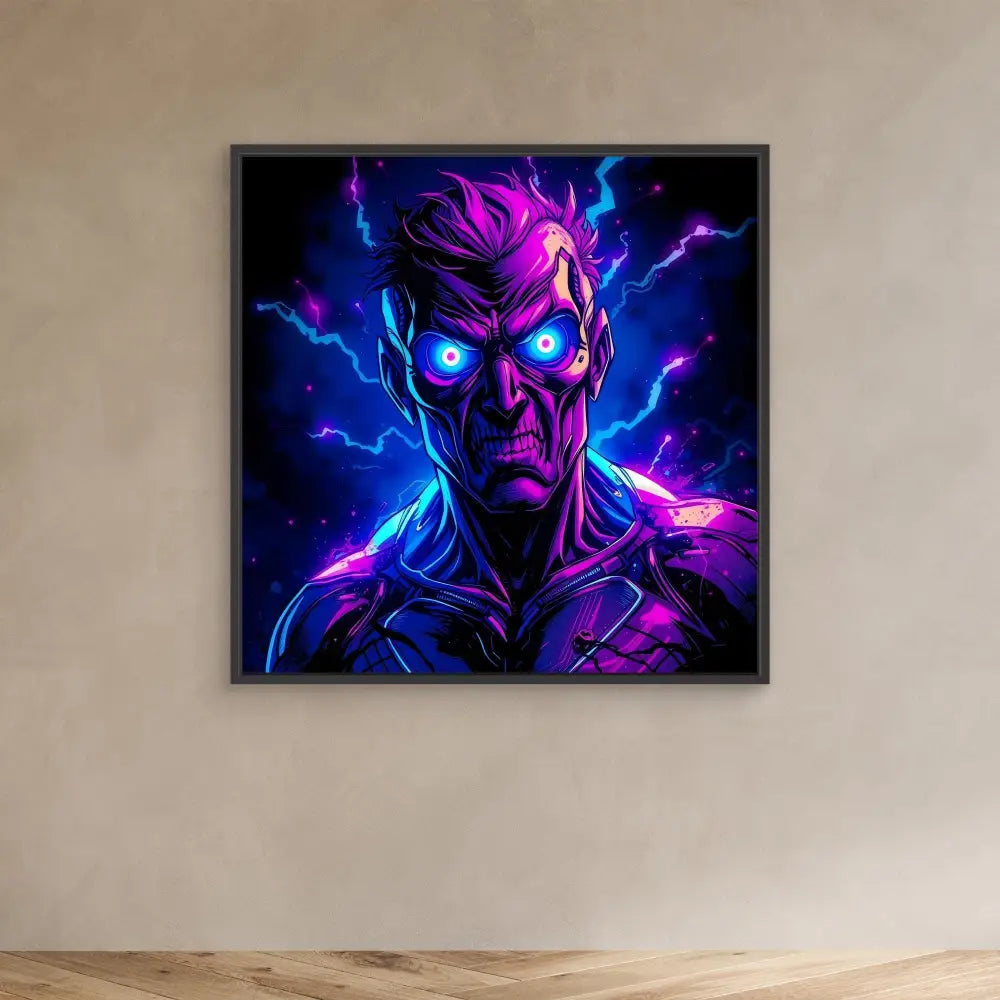 Neon-styled digital artwork of a menacing figure with glowing blue eyes and purple-blue electrical effects.