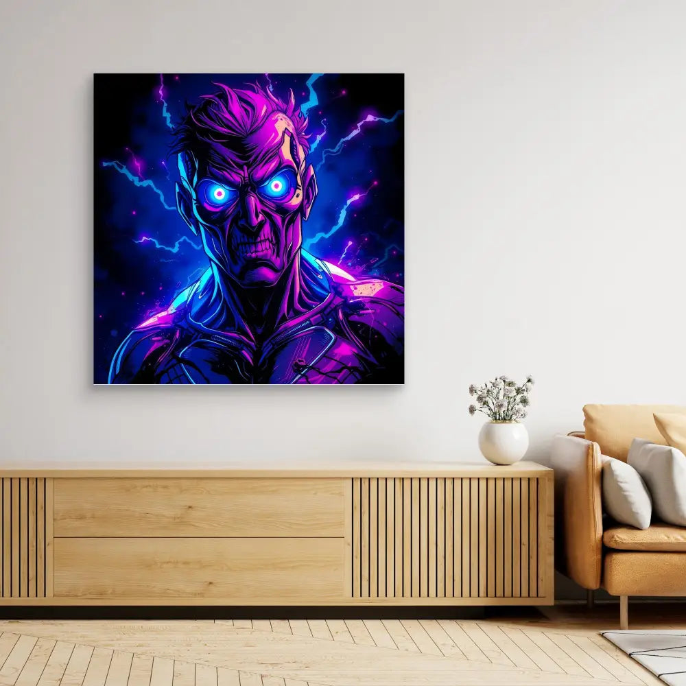 Neon-styled digital artwork of a menacing figure with glowing eyes surrounded by electric blue and purple energy.