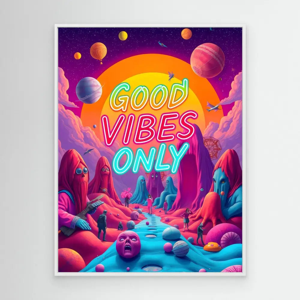 Neon text reading ’GOOD VIBES ONLY’ glows against a surreal alien landscape.