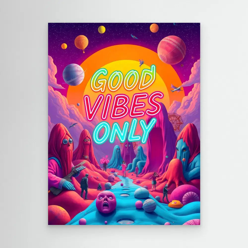 Neon text reading ’GOOD VIBES ONLY’ glows against a surreal alien landscape.