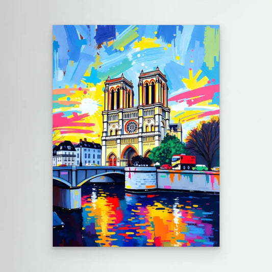 Notre-Dame Cathedral in Paris with its iconic twin towers stands beside the Seine River in a vibrant, colorful artistic style.