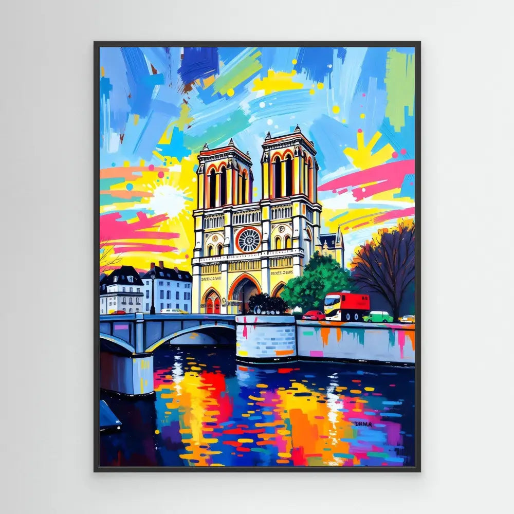 Notre-Dame Cathedral stands majestically along the Seine River in a vibrant, colorful artistic style.