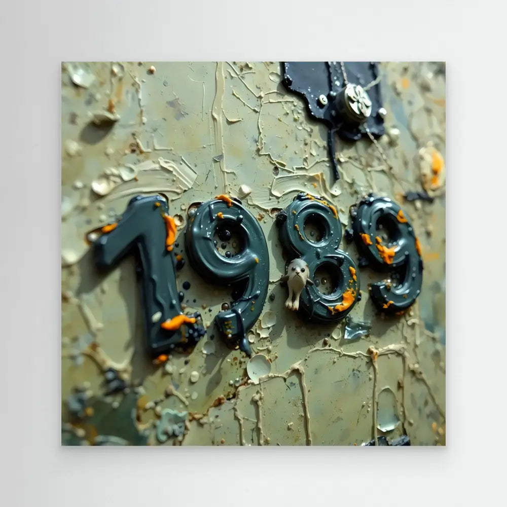 Numbers ’1989’’ mounted on a weathered surface with peeling paint.