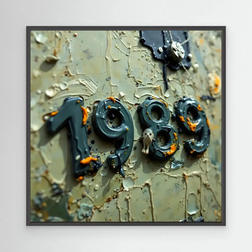 Numbers ’1989’’ mounted on a weathered surface with peeling paint.