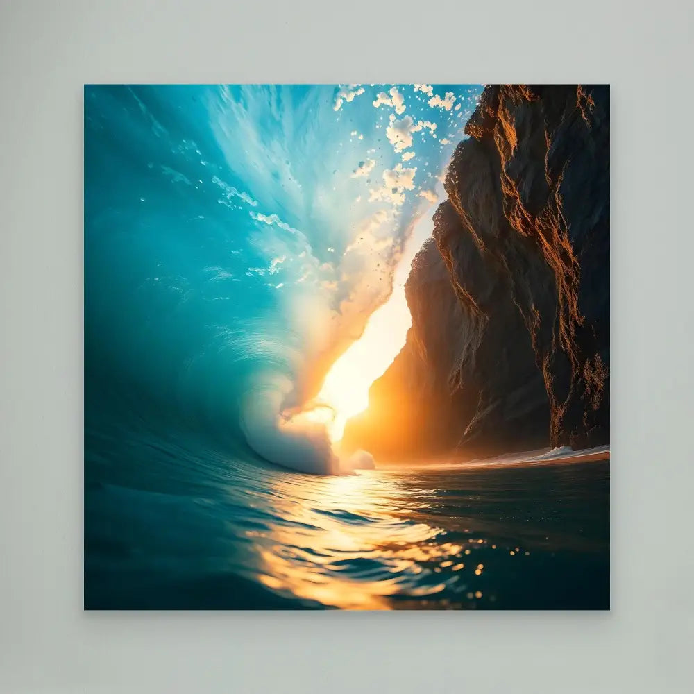 Ocean wave curling near a rocky cliff at sunset.