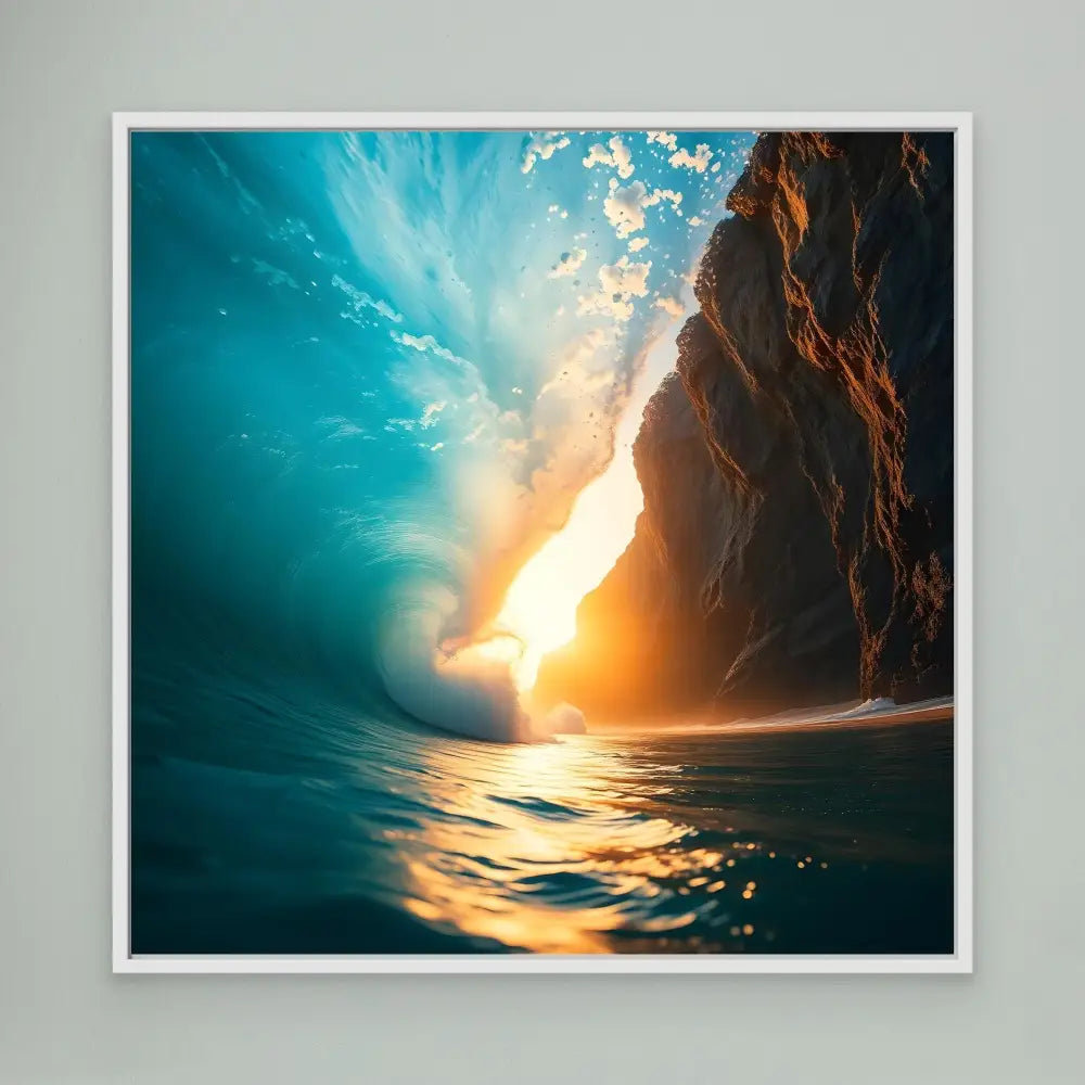 Ocean wave curling around a rocky cliff at sunset.