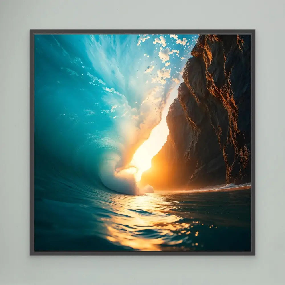 Ocean wave curling around a rocky cliff at sunset.