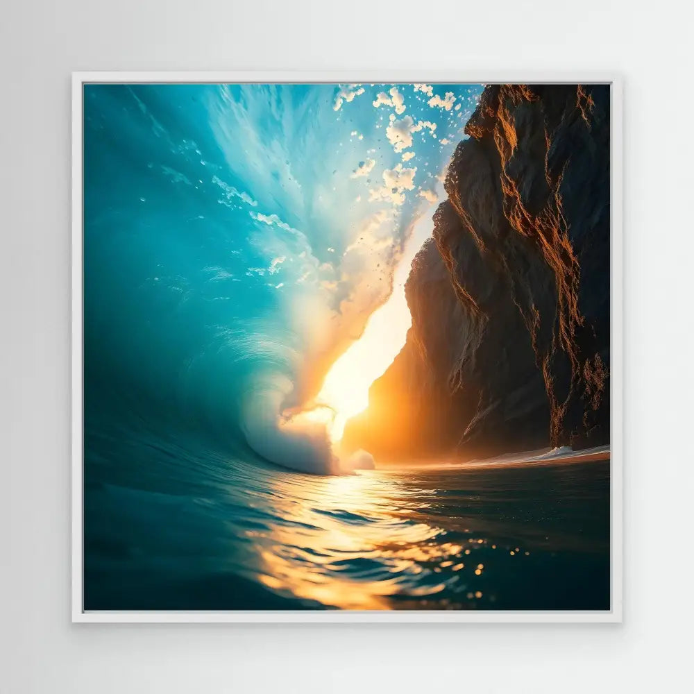 Ocean wave curling over at sunset near a rocky cliff.