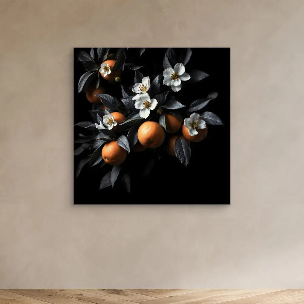 Orange citrus fruits with white blossoms and dark leaves against a black backdrop.