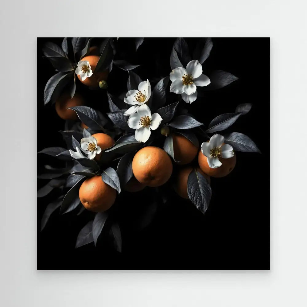 Orange citrus fruits with white blossoms and dark leaves against a black backdrop.