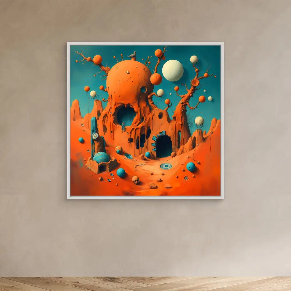 An orange splash or explosion with floating spherical objects in turquoise and white.