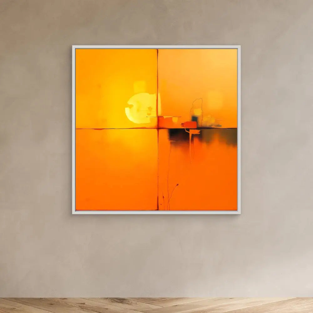 Orange square wall art with a minimalist sunset design divided into four panels.