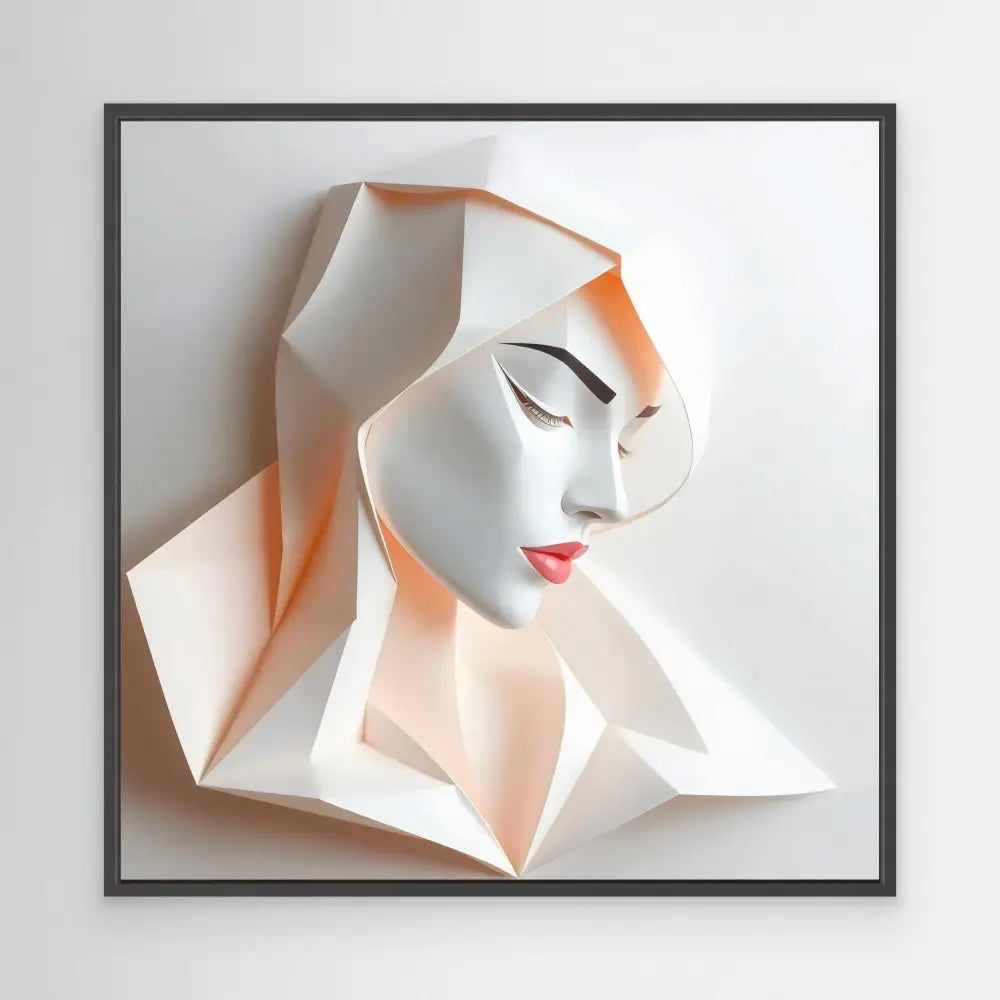 Origami-style paper art sculpture of a serene face with red lips and closed eyes.