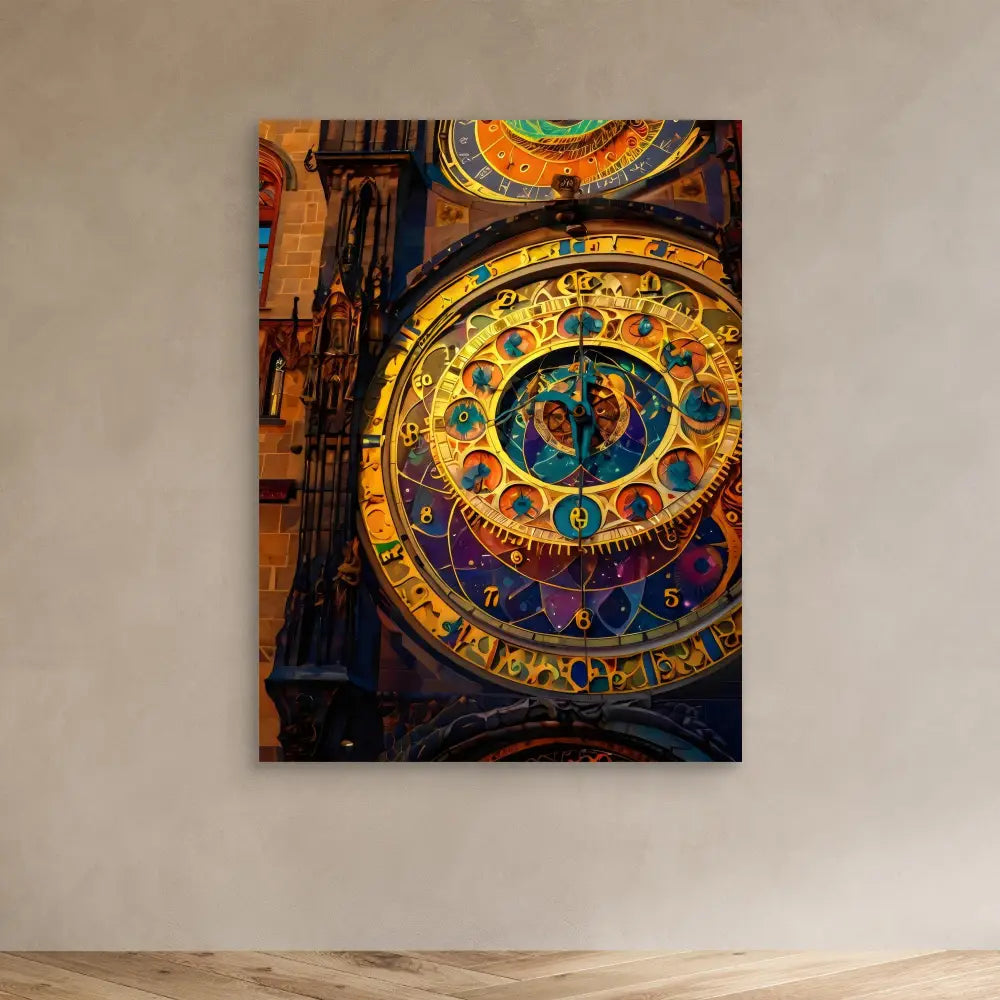 Ornate astronomical clock with colorful zodiac symbols and intricate golden details.