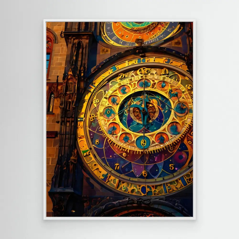 Ornate astronomical clock with zodiac symbols and intricate golden decorative details.