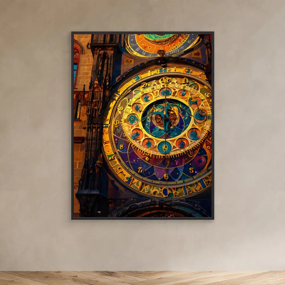 Ornate astronomical clock with zodiac symbols and intricate golden details illuminated against deep blue and purple hues.