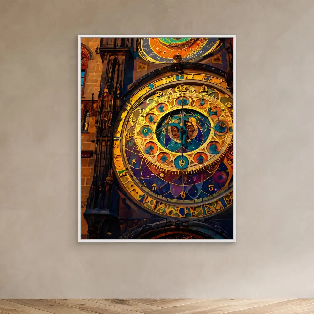 Ornate astronomical clock with zodiac symbols and golden details illuminated against deep colors.