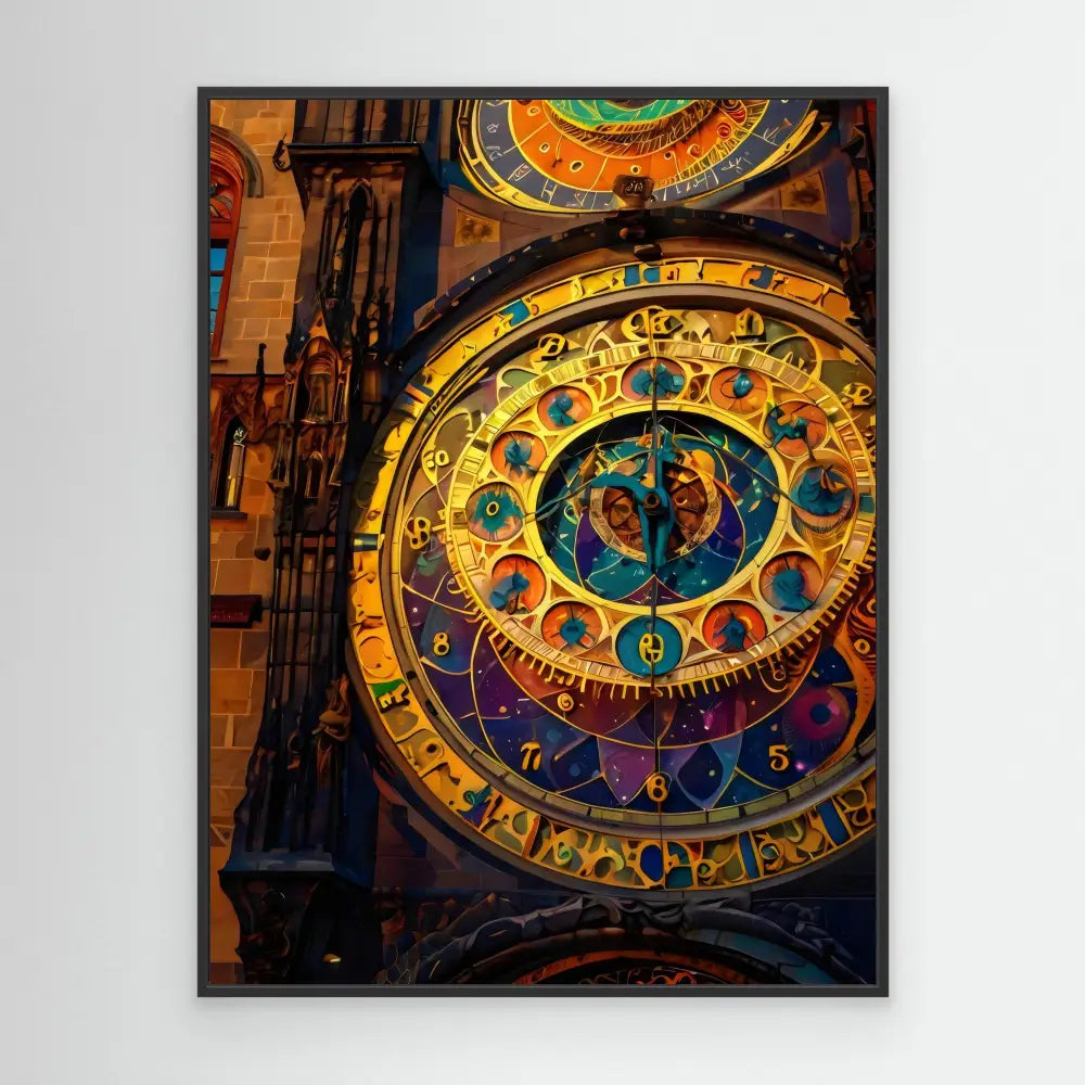 Ornate astronomical clock with zodiac symbols and intricate golden details.