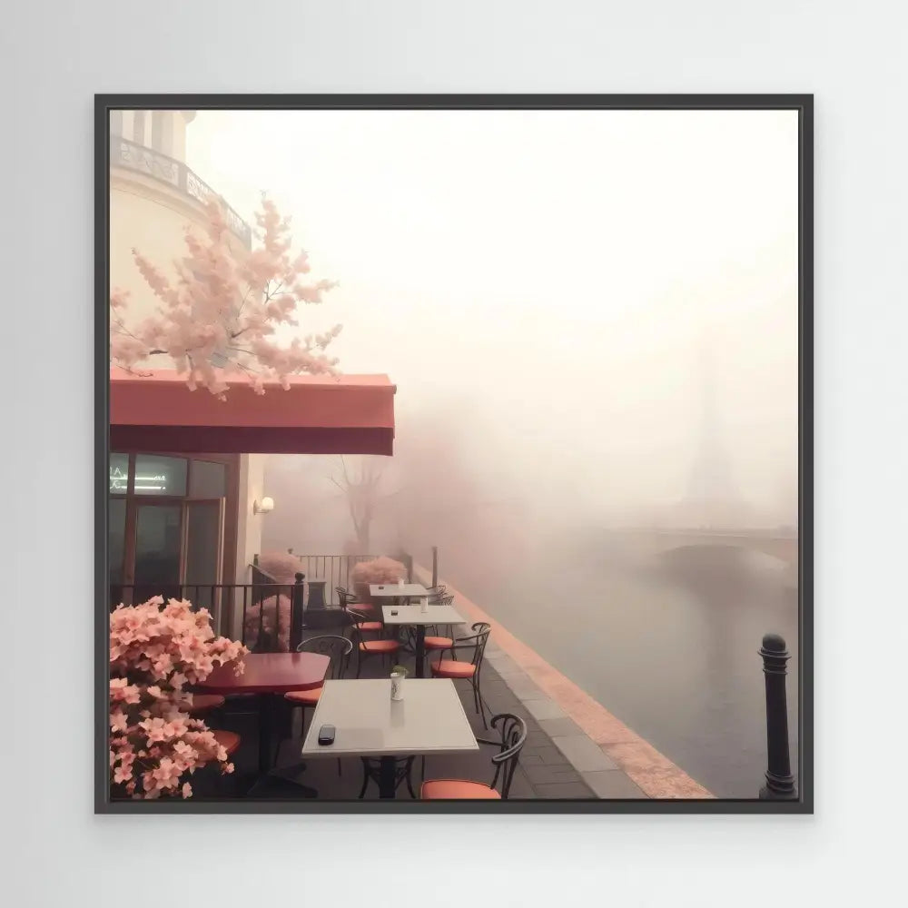 Outdoor restaurant patio with tables and chairs shrouded in fog.