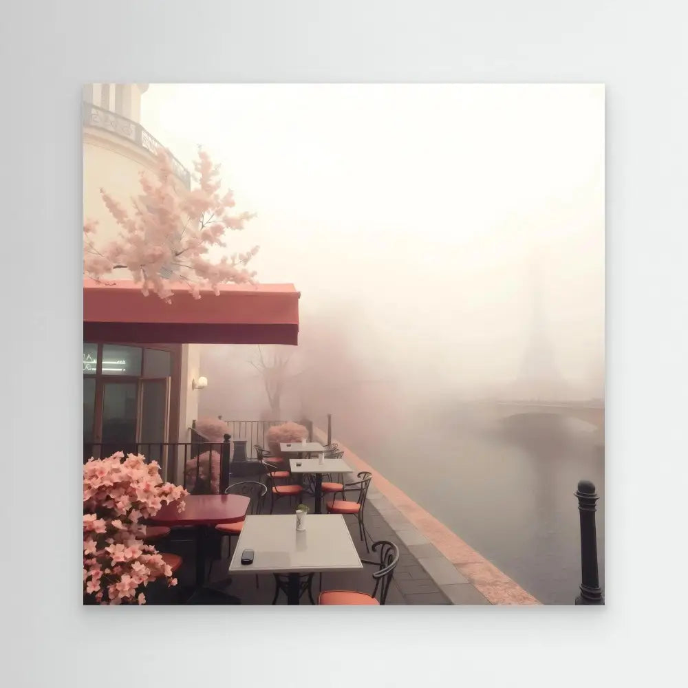 Outdoor restaurant patio with tables and chairs shrouded in fog.