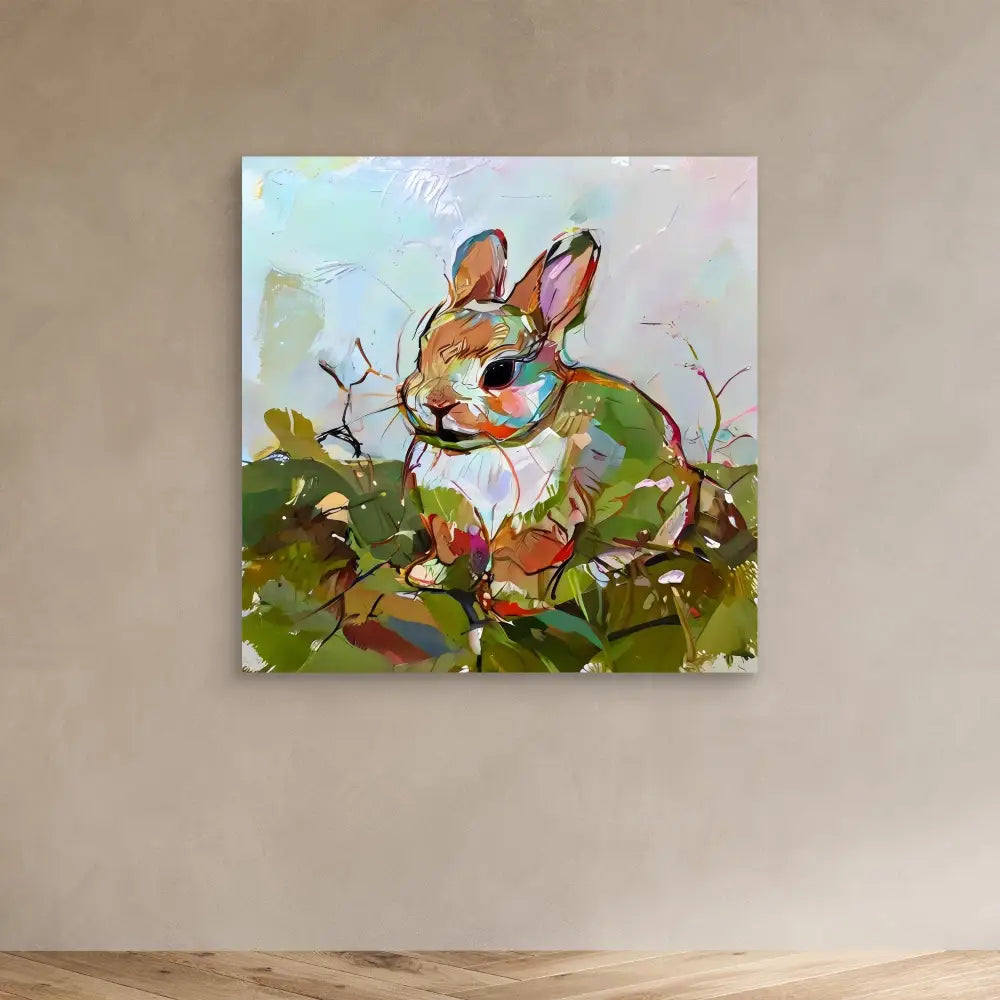 A painted bunny rabbit sitting among green leaves.