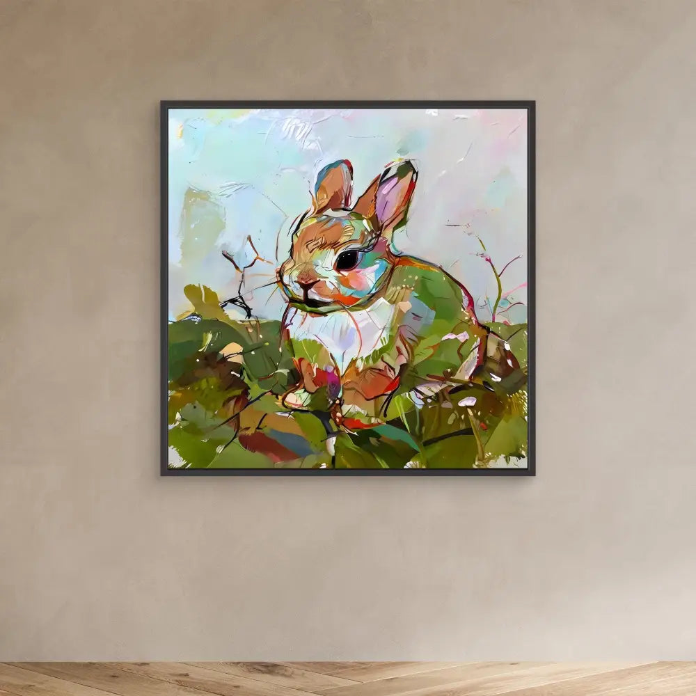 A painted bunny rabbit with pink ears and white fur sits among green foliage.