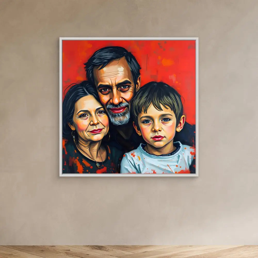 A painted family portrait with three people against a red background.