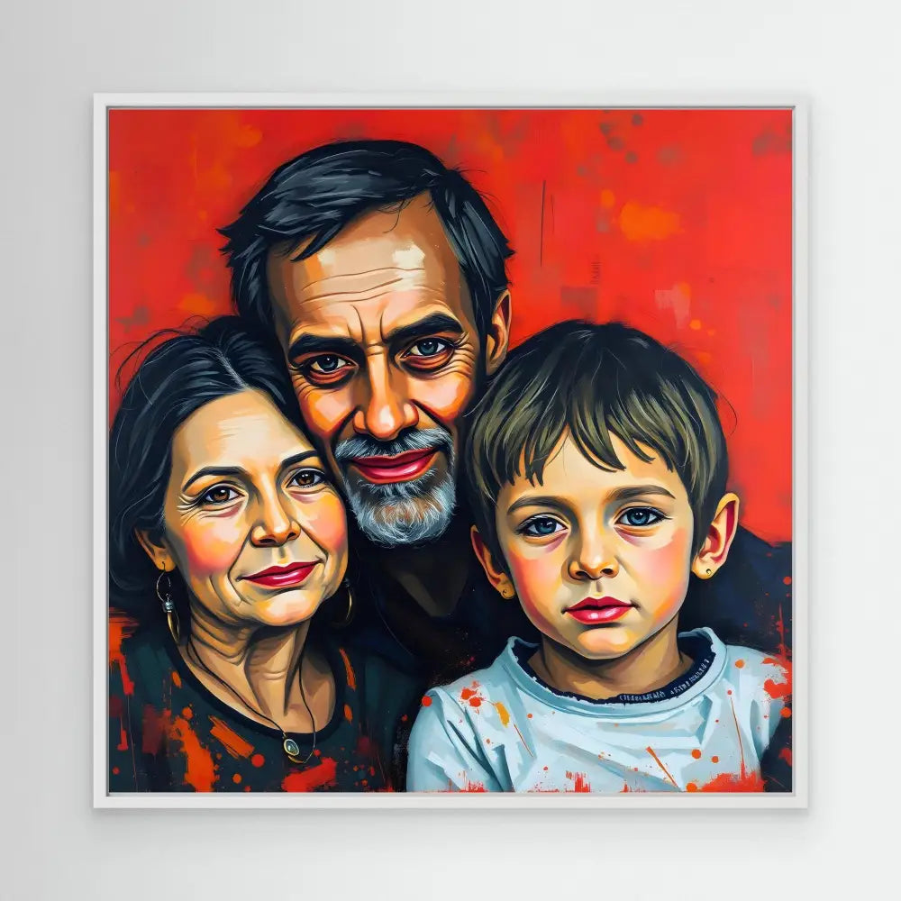 A painted family portrait featuring three people against a red background.