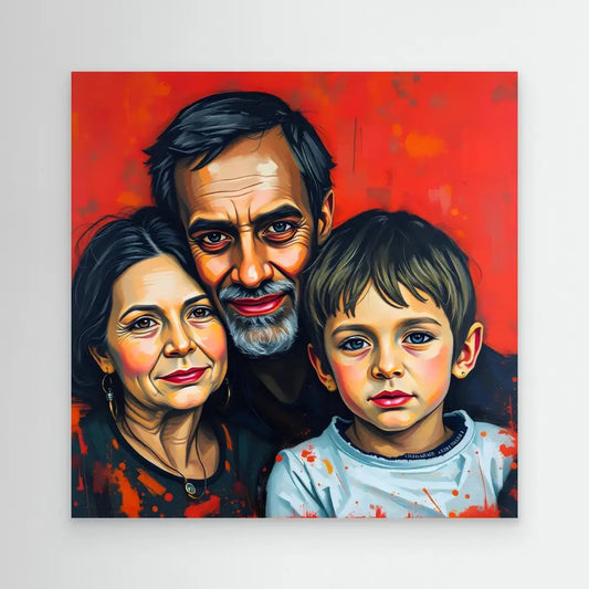 A painted family portrait showing three people against a red background.