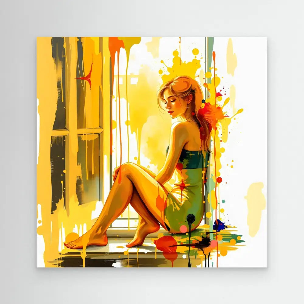 A painted figure in a green dress sitting by a window with vibrant yellow and orange watercolor splashes.