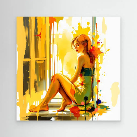 A painted figure in a green dress sitting by a window with vibrant yellow and orange watercolor splashes.