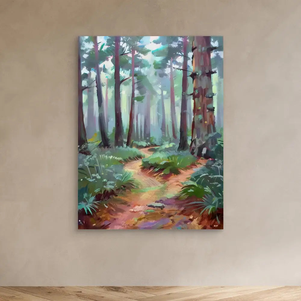 A painted forest scene with a winding dirt path through misty pine trees.