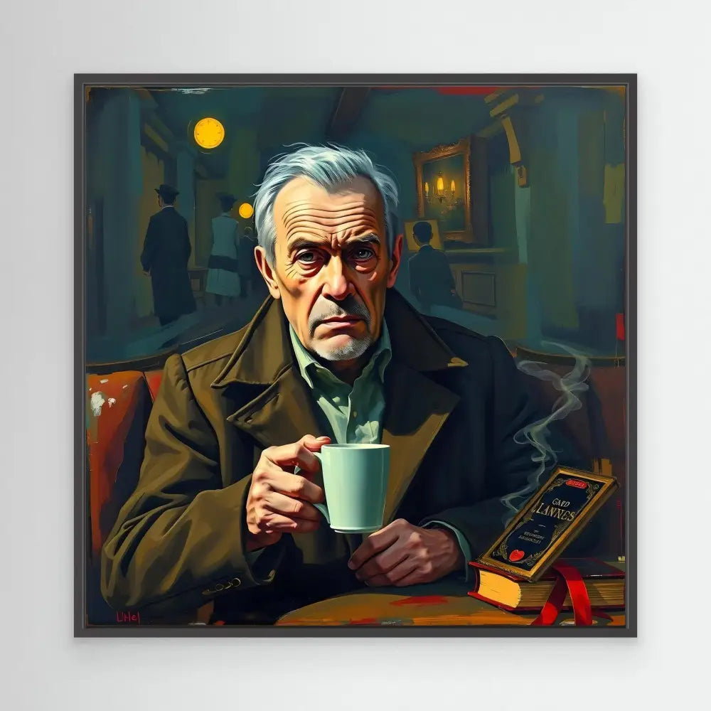 A painted portrait of someone holding a coffee cup while seated at a table.