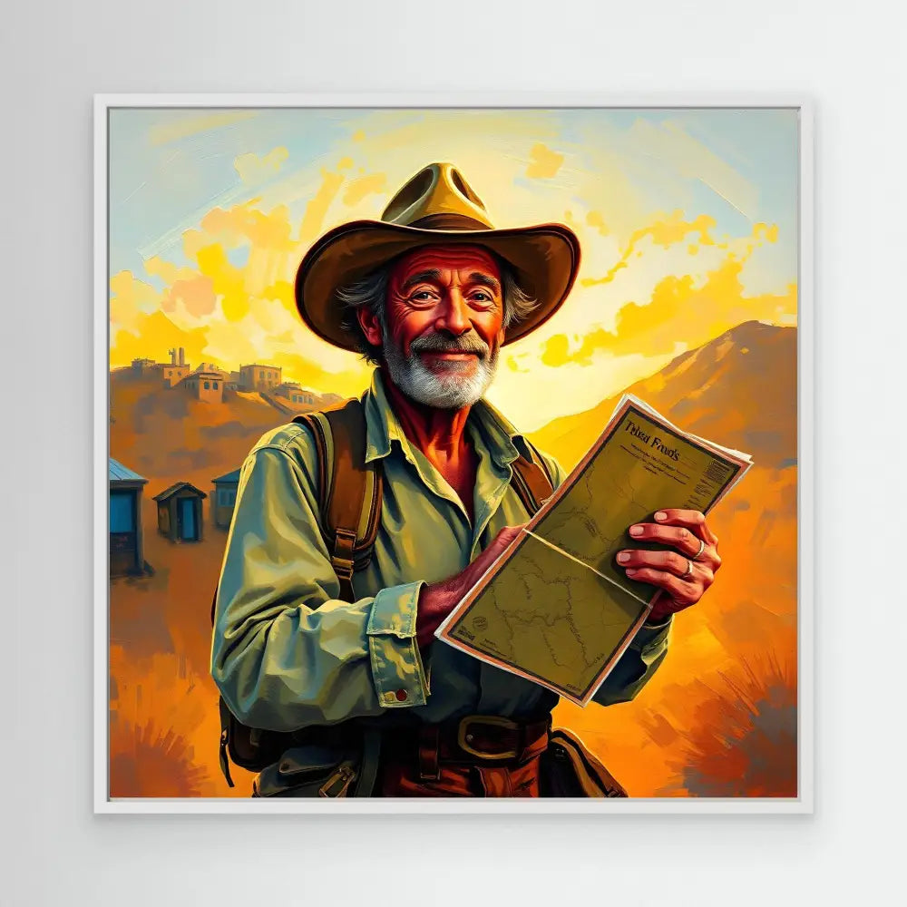 A painted portrait of a smiling person wearing a cowboy hat and holding a book or clipboard.