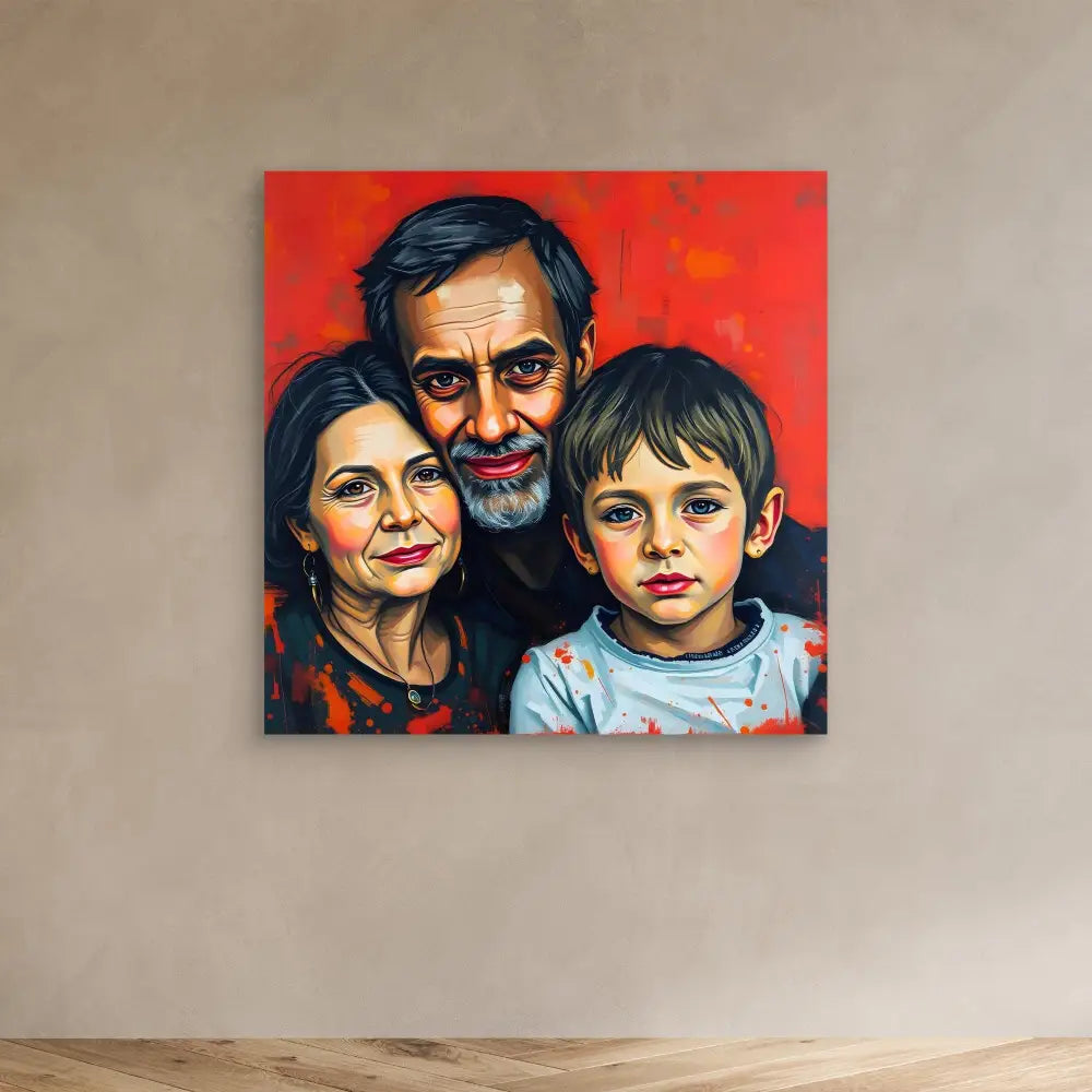 A painted portrait of three family members against a red background.