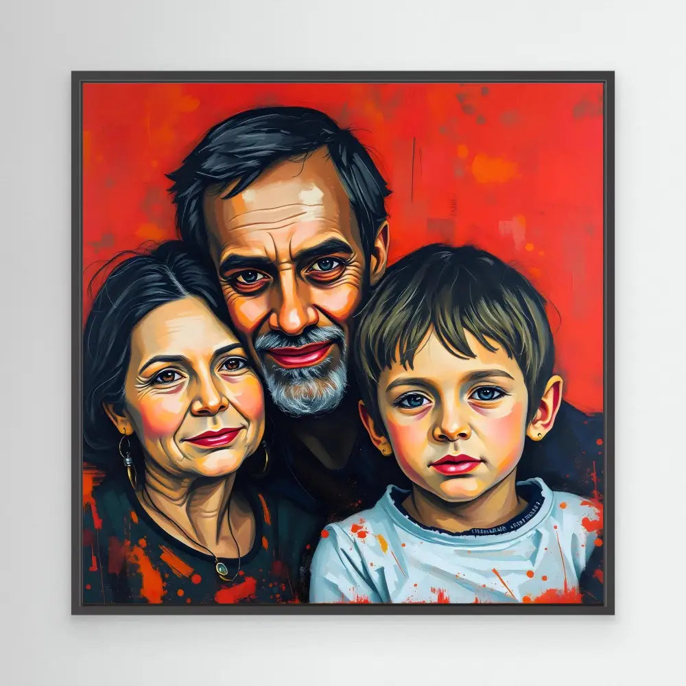 A painted portrait of three people with a vibrant red background.