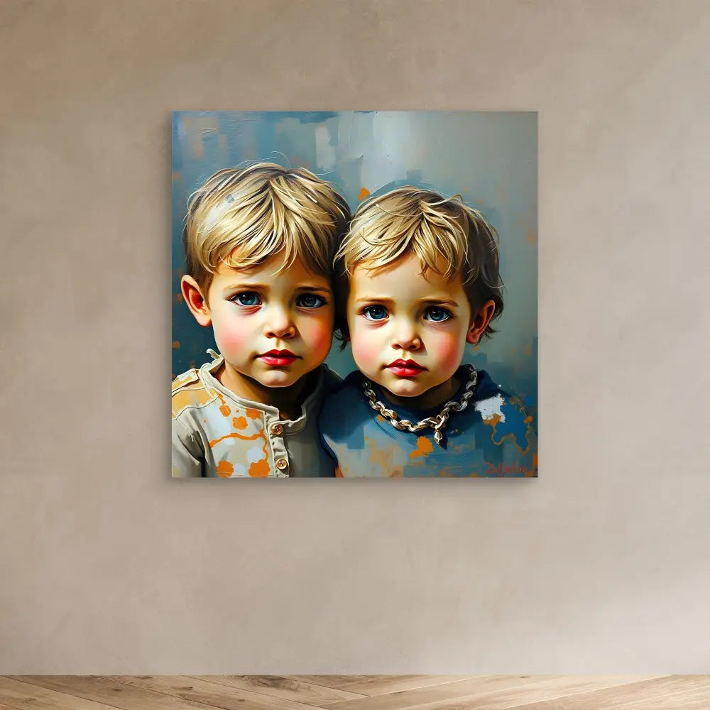 A painted portrait of two young children with blonde hair and similar features.