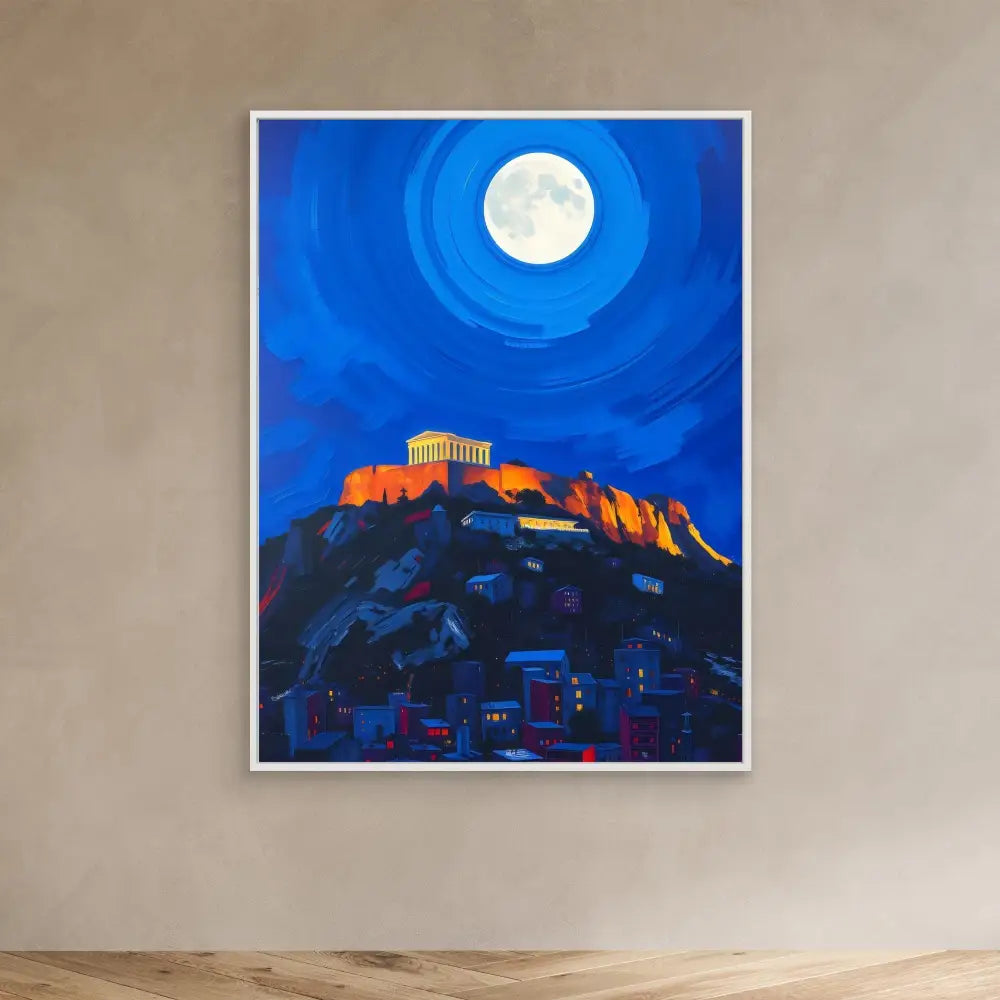 Painting of the Acropolis illuminated at night under a full moon.