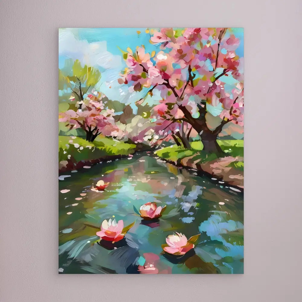 A painting of cherry blossom trees and water lilies along a tranquil stream.