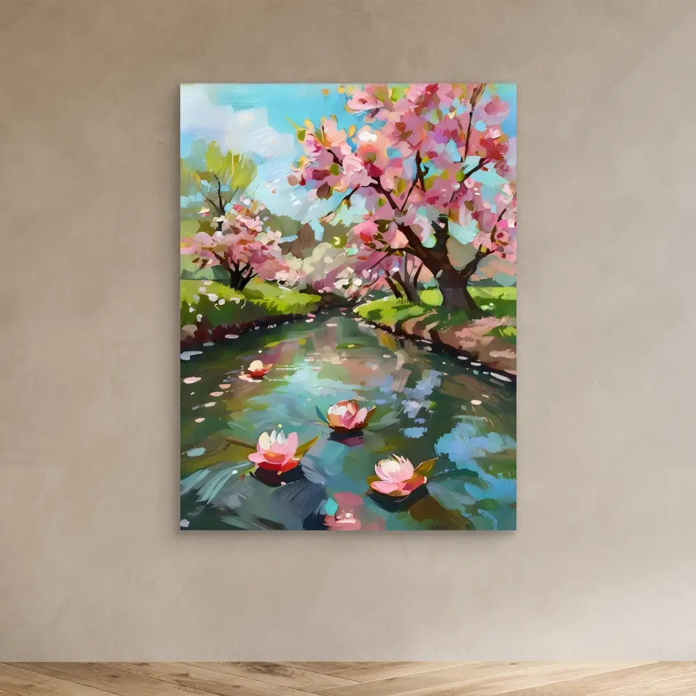 A painting of cherry blossoms and lotus flowers along a tranquil pond.