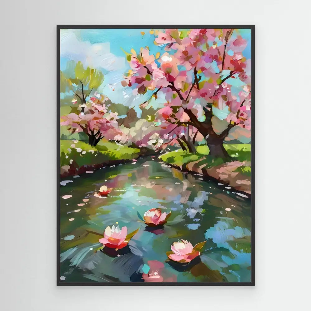 A painting of cherry blossoms and water lilies along a tranquil stream.