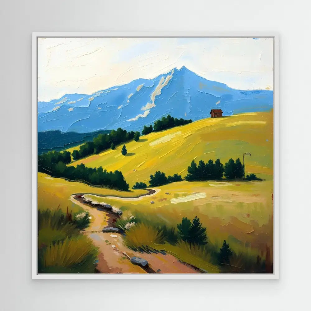 A painting of a winding dirt path leading through golden hills toward a mountain peak.