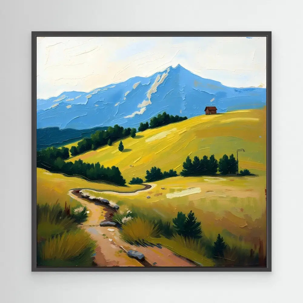 A painting of a winding dirt path leading to a red cabin on a golden hillside beneath mountain peaks.