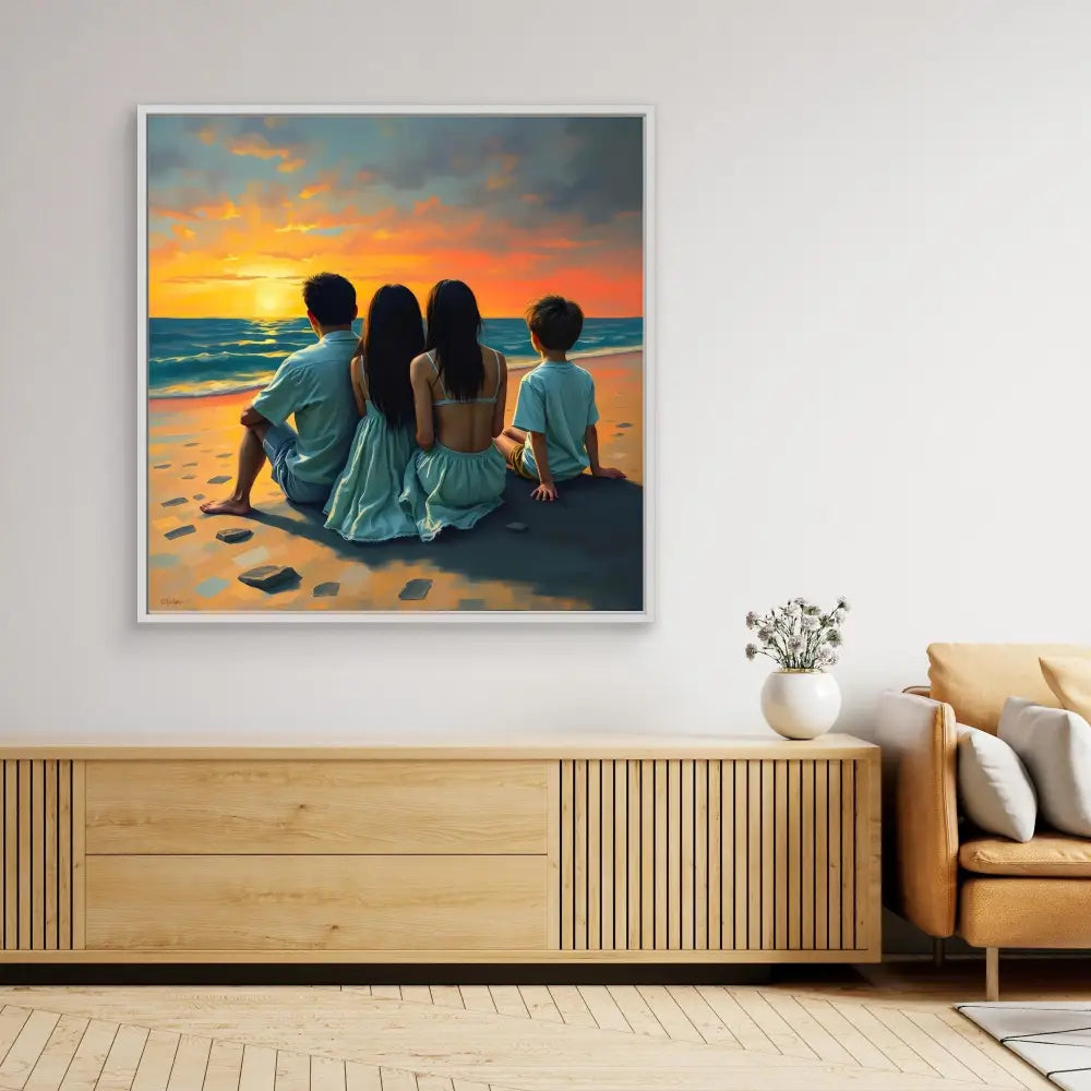 A painting of four people sitting together on a beach at sunset.