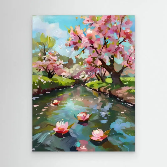 A painting of pink cherry blossoms and water lilies along a tranquil stream.