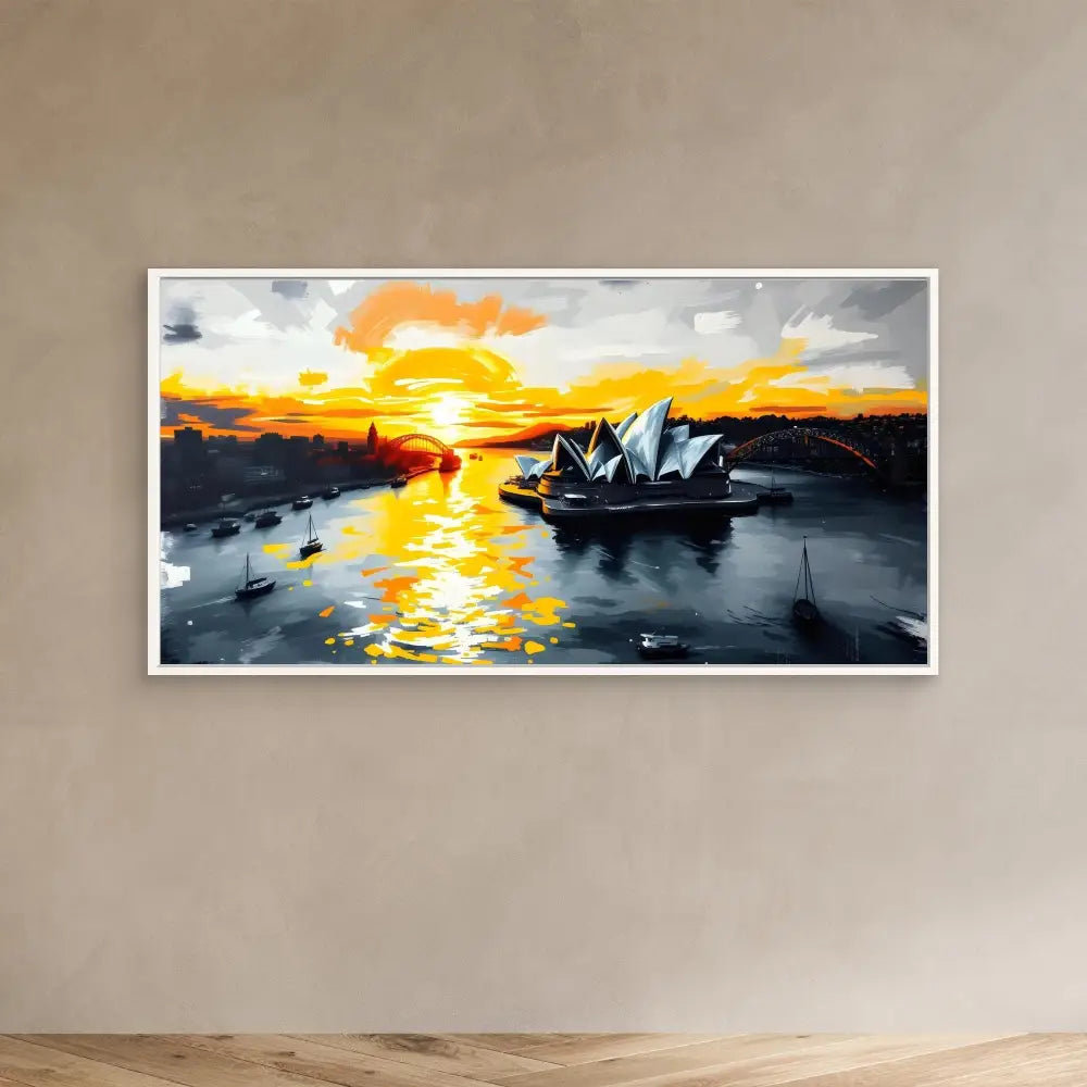 A painting of the Sydney Opera House at sunset with golden reflections on the harbor.