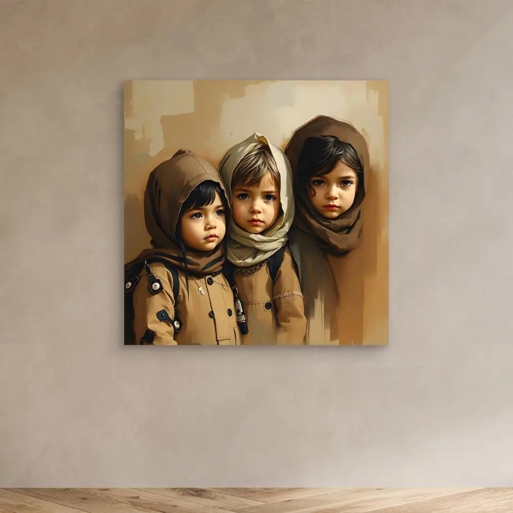 A painting of three children wearing brown coats and head scarves.