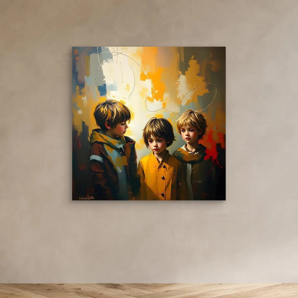 A painting of three children in warm-toned, impressionistic style.